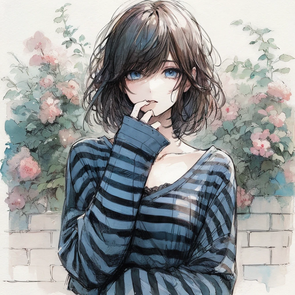 Official art using high-quality hand-drawn watercolor sketch techniques. (best quality,4k,8k,highres,masterpiece:1.2),ultra-detailed,beautiful detailed eyes,A girl with beautiful eyes, everyone, beautiful anime girl, cute anime girl, smooth anime art, anime style, elegant colors, soft lighting, delicate beautiful eyes, very coquettish, (beautiful large breast:1.2), (correct hands:1.2),