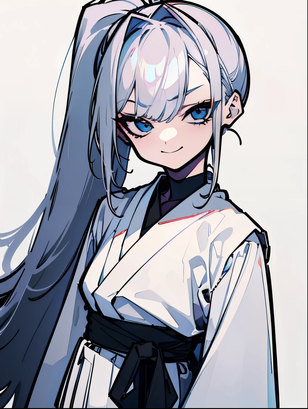 (Highest quality、masterpiece:1.2), One Girl, Beautiful poop, (White Doshi、Long Black Hakama), ponytail, long hair of light blue near white,,,,,,,,, blue eyes, huge , elegant, Charm, Beautiful and well-groomed face, Beautiful Eyes, Beautiful Hair, Smooth Skin, Beautiful mouth,  (Hair on one eye), (One eye is covered), (Malicious look、Vulgar smile), Anatomically correct