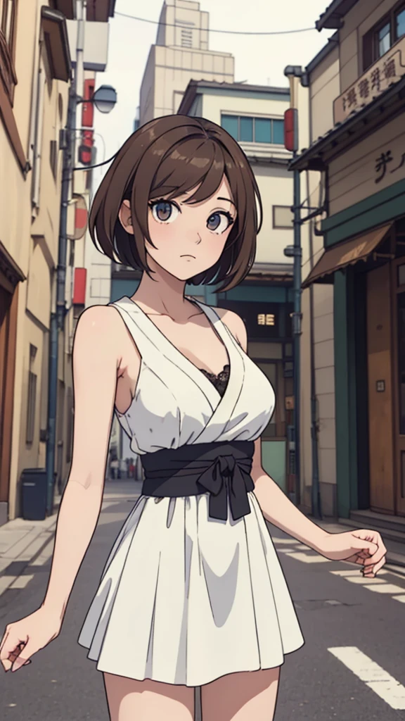 (((masterpiece, best quality, ultra highres, 1 girl, solo, no background))), super detailed skin and face and eyes and finger, beautiful japanese woman, small breasts:1.5, skinny, light brown hair, very short pixie hair, cowboy shot, The background should be simple, outline, anime, 2d, boyish, expressionless, cartoon, dress,