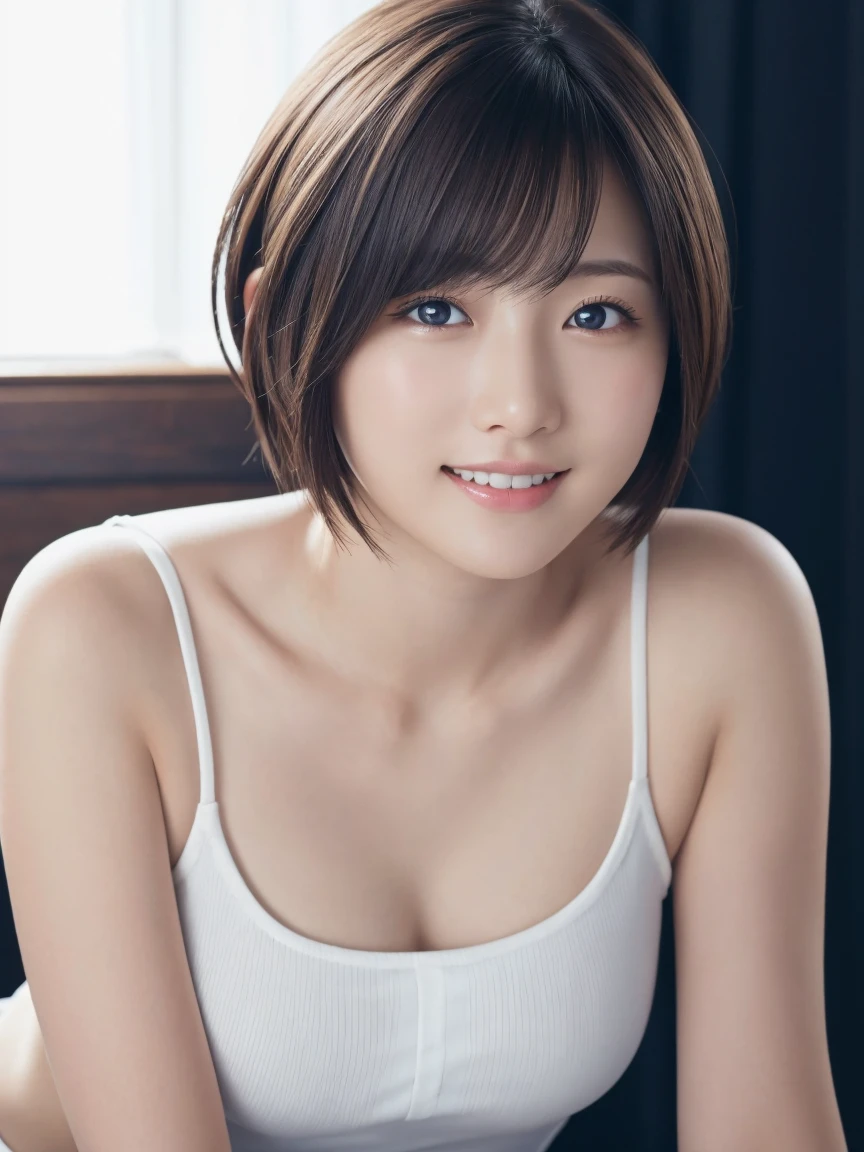 masterpiece、Highest quality、High resolution、Japanese women、(RAW Photos, Highest quality), (reality, Realistic:1.4) Tabletop、wallpaper、reality的、Bright lighting、Professional Lighting、Face Light、Smooth lighting、Adult、sexy、Sunburned skin、very detailed eyes and face, Beautiful and detailed nose, beautiful eyes, Perfect Anatomy、short hair、Brunette Hair、Iris、A cool smile、Dark studio