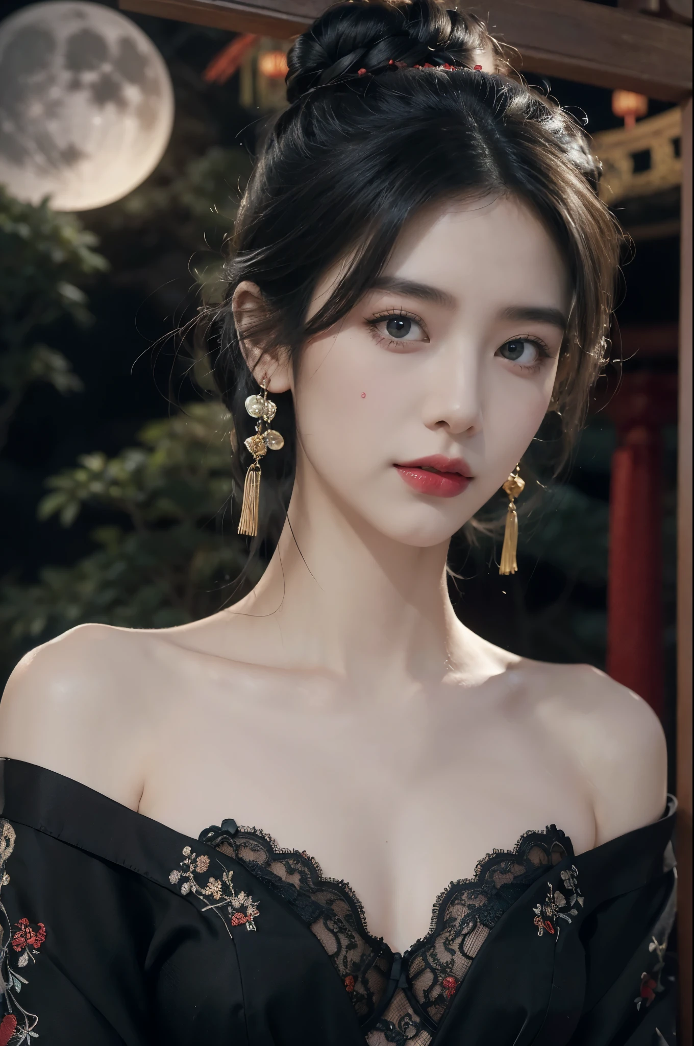 (((best quality))),(((ultra detailed))),(((masterpiece))),illustration,((1 beautiful girl,solo)),(bun hair:1.2),(Ghostly makeup:1.3),(fair skin:1.5),(red lips:1.2),(earrings:1.2),((slim,thin)),((small breasts,flat chest)),(strapless black floral embroidered lace bra:1.5),(A huge moon in the sky:1.3),(moonlit Chinese garden courtyard:1.3),(Ghost Festival:1.3),(Ghostly flames are drifting in the air:1.3),elegant and sophisticated,intricate patterns,curves,dark color,striking visual appeal,ethereal,enchanting,ghostly black blossoms,swaying branches,stone pathways,moss,eerie shadows,ancient pavilion,intricate wooden structure,mystery and intrigue,cicadas chirping,auditory symphony,embodiment of the festival's spirit,bathed in the moon's glow,delicate features,raven-black hair,waterfall of darkness,moon's luminance,captivating allure,sleek fabric,clung to frame,accentuating curves,highlighting beauty,striking appearance,ethereal beauty,hauntingly beautiful scene,captured essence,blend of beauty and mystery,(night scene:1.3),((from front,close-up of face))