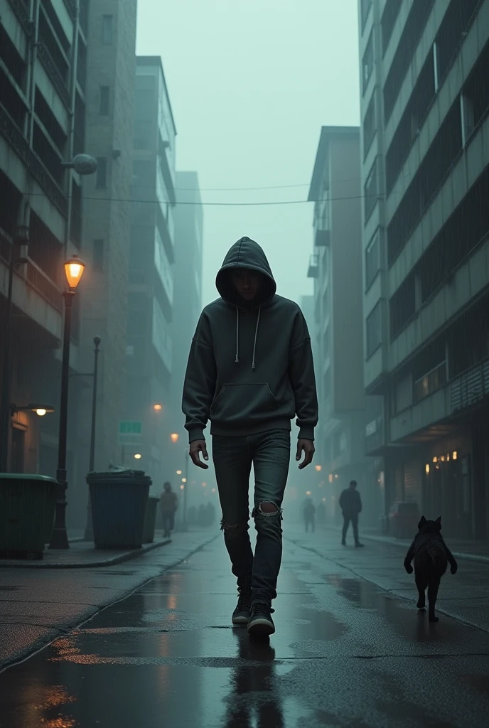 A Young man with a hoodie and slim ripped jeans, walking away down a street, in a dark city surrounded by fog and rain, in the morning light, with high degraded buildings, a cat running to a garbage dumpster, some people walking around.