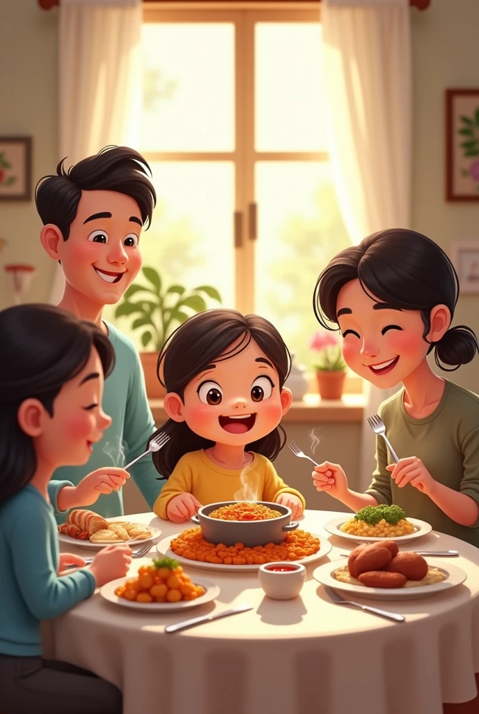 Family Dinner**
- **Visual Description**: A warm family scene at a dining table. Sara sits with her parents, smiling as they eat a home-cooked meal together. The atmosphere is cozy and inviting.
. Use same character as last use cartoon cartoon character as sara