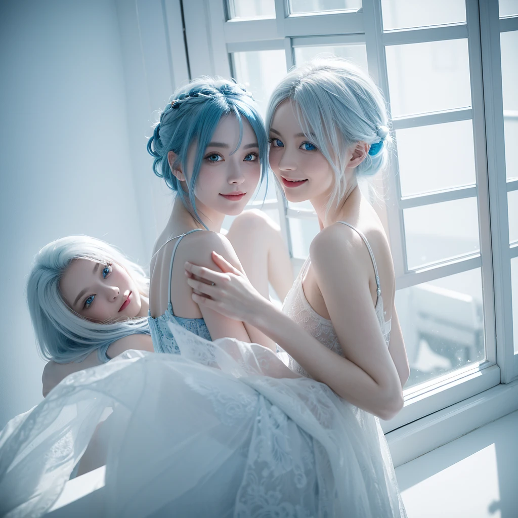 masterpiece,Chinese dragon,Blue Eyes,Light blue hair,White hair,Bedroom Window,Look Back,Smile,Hand touching windowsill,There is some ice where my hands touch