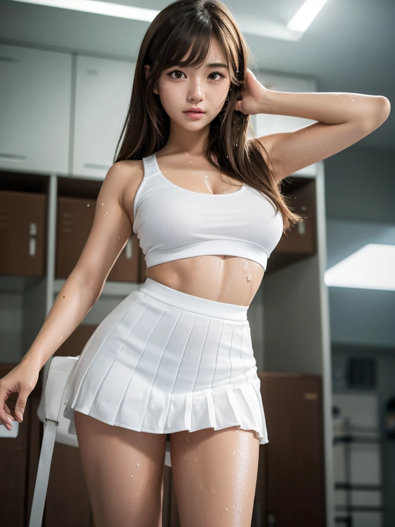 Product quality,1 girl,Cowboy Shot,Front view,Thigh Emphasis,(Knee-deep shots:1.3),Young and sexy Japanese girl,18-year-old,locker room,Wearing white tennis wear,(White ultra short micro pleated mini skirt),wear,No underwear,((Small Head,face:0.4))超かわいいface,赤ちゃんのface,Glossy Lips,Big eyes,Double eyelids on both eyes,(Natural Makeup),Brown eyes,Small and cute nose,shiny smooth light brown hair with long hair,,Asymmetrical bangs,Center image,8k resolution,Attention to detail,Detailed hairstyle,詳細なface,Cinema Lighting,Octane Rendering,Ultra-realistic,Perfect limbs,Voluptuous thighs,Huge breasts,(Expresses the roundness and softness of the chest area..........1),Soft Skin,(Glowing Skin, Sweaty: 1.5), Spread your legs,Provocative dynamic pose,Skirt flip,(no panties),nsfw,(spread pussy:1.3)