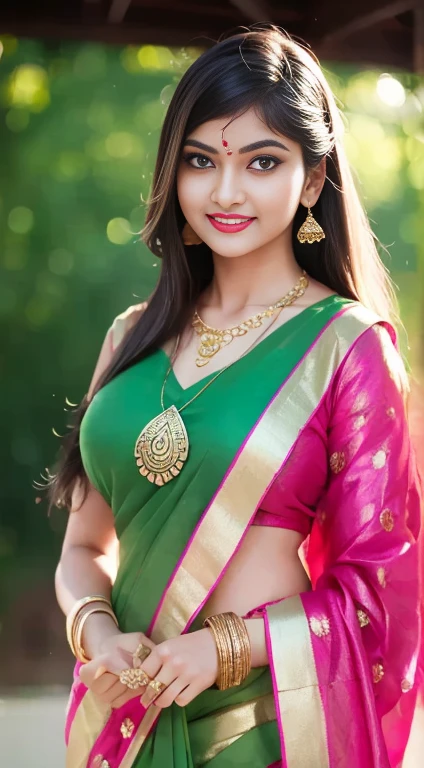 wear green designer printed Saree and blouse, a bindi on the center of the forehead, green saree and green blouse, full body covered in clothes, Indian temples in background, flower basket, very well dressed, going to temple for prayers, golden heavy jewellery, very beautiful 25 year old indian girl, full body photo, mehendi in hands, random hair style, holding Puja plate with Puja items for lord Shiva, lord Shiva temple in background, jewelry, gem, necklace, necklace set, tika, vermilion, nathiya, ear rings, mangalsutra, golden haar, gold bracelet, anklets, thick lips, holding flower basket for Puja in hand, skindentation, parted lips, full body photo from front, beautiful face, beautiful body, (detailed eyes), ulzzang-6500-v1.1, thick eyelashes, long eyelashes, random hair style, broad light, backlighting, bloom, light sparkles, chromatic aberration, sharp focus, Nikon Z 85mm, unparalleled masterpiece, ultra-realistic 8k photos, best quality masterpiece, best quality,