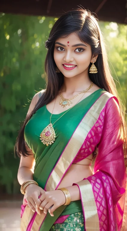 wear green designer printed Saree and blouse, a bindi on the center of the forehead, green saree and green blouse, full body covered in clothes, Indian temples in background, flower basket, very well dressed, going to temple for prayers, golden heavy jewellery, very beautiful 25 year old indian girl, full body photo, mehendi in hands, random hair style, holding Puja plate with Puja items for lord Shiva, lord Shiva temple in background, jewelry, gem, necklace, necklace set, tika, vermilion, nathiya, ear rings, mangalsutra, golden haar, gold bracelet, anklets, thick lips, holding flower basket for Puja in hand, skindentation, parted lips, full body photo from front, beautiful face, beautiful body, (detailed eyes), ulzzang-6500-v1.1, thick eyelashes, long eyelashes, random hair style, broad light, backlighting, bloom, light sparkles, chromatic aberration, sharp focus, Nikon Z 85mm, unparalleled masterpiece, ultra-realistic 8k photos, best quality masterpiece, best quality,