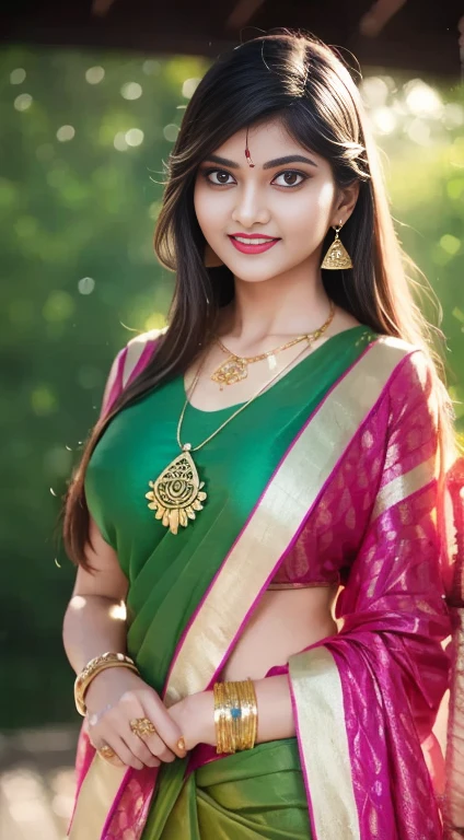 wear green designer printed Saree and blouse, a bindi on the center of the forehead, green saree and green blouse, full body covered in clothes, Indian temples in background, flower basket, very well dressed, going to temple for prayers, golden heavy jewellery, very beautiful 25 year old indian girl, full body photo, mehendi in hands, random hair style, holding Puja plate with Puja items for lord Shiva, lord Shiva temple in background, jewelry, gem, necklace, necklace set, tika, vermilion, nathiya, ear rings, mangalsutra, golden haar, gold bracelet, anklets, thick lips, holding flower basket for Puja in hand, skindentation, parted lips, full body photo from front, beautiful face, beautiful body, (detailed eyes), ulzzang-6500-v1.1, thick eyelashes, long eyelashes, random hair style, broad light, backlighting, bloom, light sparkles, chromatic aberration, sharp focus, Nikon Z 85mm, unparalleled masterpiece, ultra-realistic 8k photos, best quality masterpiece, best quality,