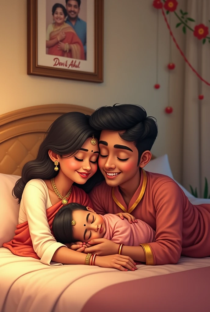 A beautifully decorated wall , contains a photo of a young south indian couple marriage and has " devi & athul " written on it , the couple is lying on a bed hugging each other , a small baby girl sleeping beside them