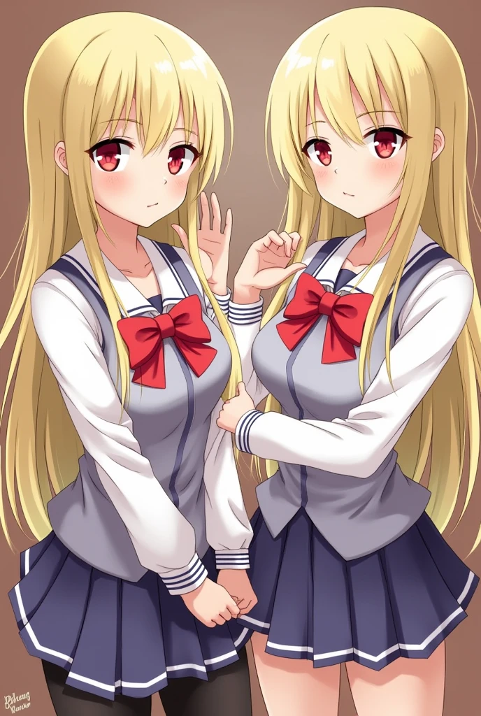 neckline, detailed, High resolution, sensual, Wide hips, 2 girls, Red eyes, blond hair, by the wide, without much schoolgirl clothes, big breasts, improve, Lips, Naughty girl smile, House