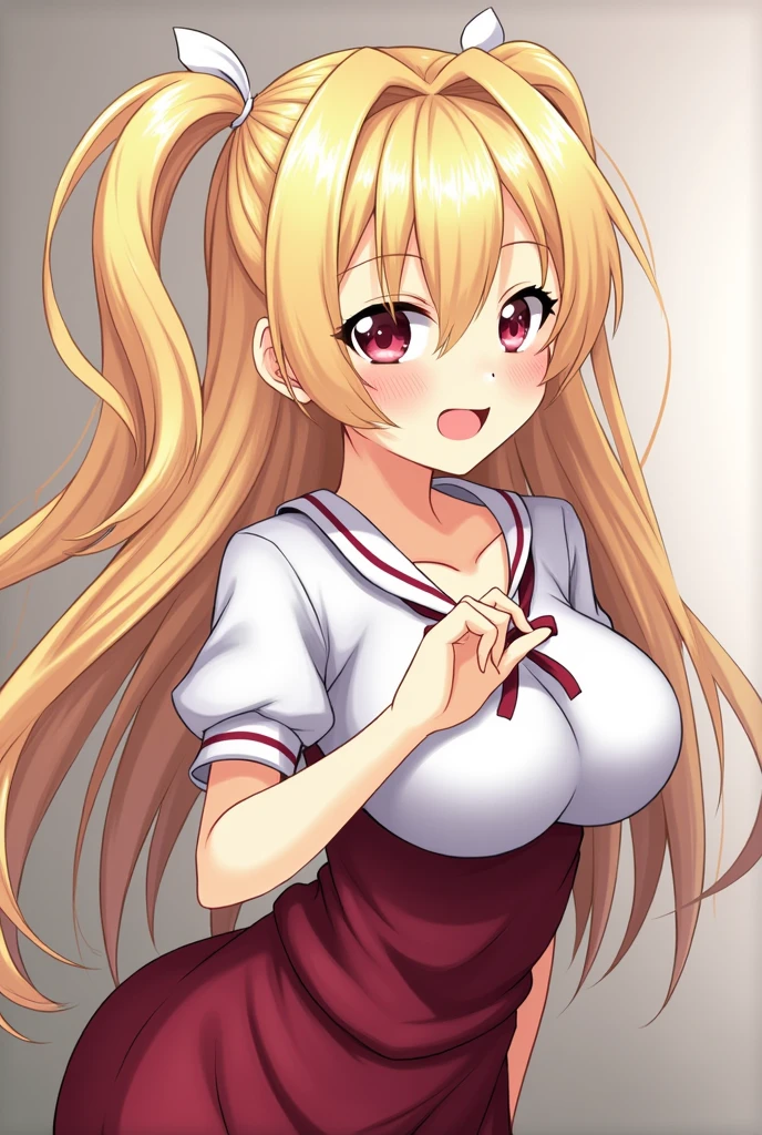 neckline, detailed, High resolution, sensual, Wide hips, 2 girls, Red eyes, blond hair, by the wide, without much schoolgirl clothes, big breasts, improve, Lips, Naughty girl smile, House