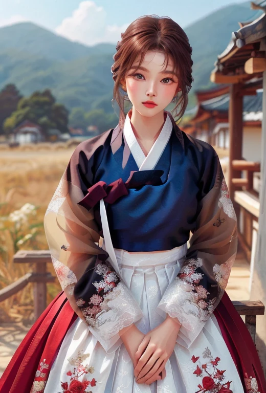 (finely detailed beautiful eyes and detailed face, masterpiece sidelighting, masterpiece, best quality, detailed, High resolution 8k stock photos),, (1 woman, whole body, pretty girl, glowing skin, looking down, looking at viewer),, (Brown hair, blue eyes), (red korean clothes_Very detailed and delicate description, Summer Hanbok), (dressed up_Underbust:1.2),