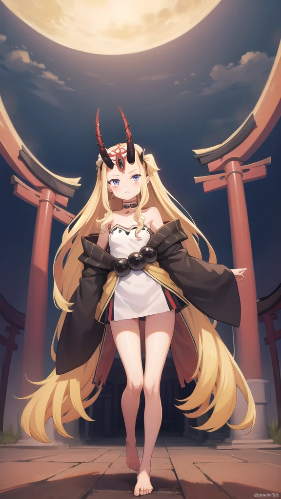 Flat-chested girl with long blond hair，Demon horn，kimono，Thin legs，barefoot，torii