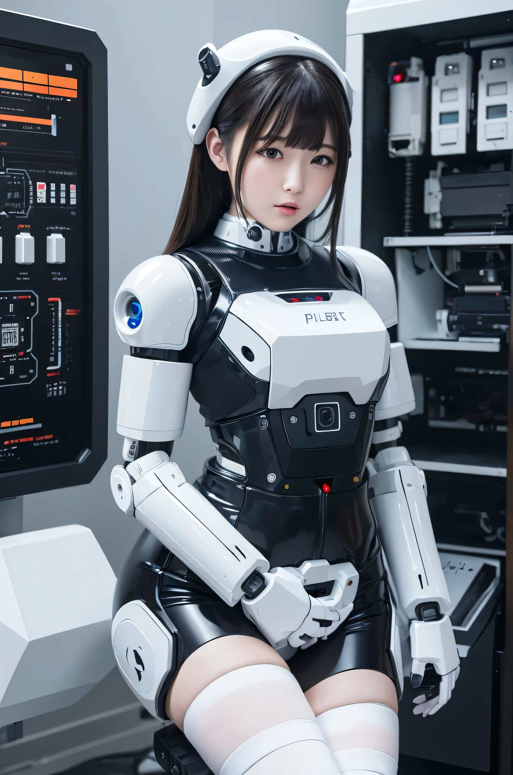 masterpiece, best quality, extremely detailed,8k portrait, Japanese android girl,Plump ,control panels,robot arms,robot,android,cyborg,white robot body,blunt bangs,robot repair plant,black knee high socks,(closing eyes:1.5)