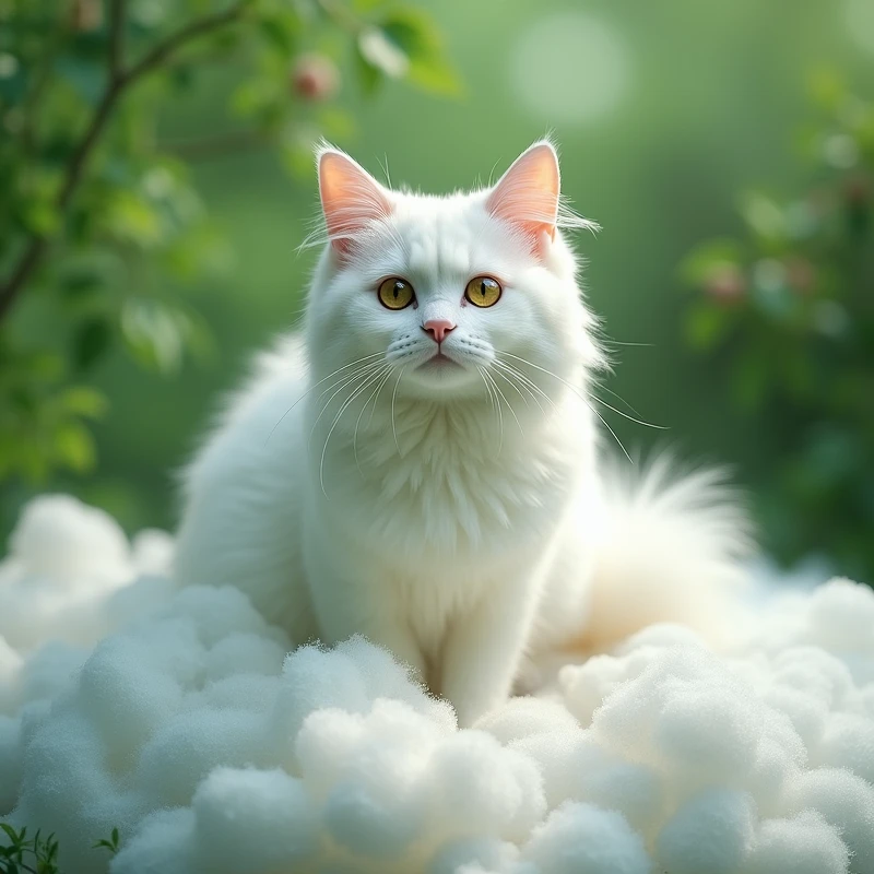 Whitr cat around beautiful fur with open eyes on foam with green background