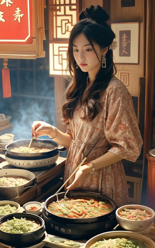 (Wide-angle lens, Wide-angle lens,panoramic:1.2),Super Vision, Super wide-angle low-angle shooting, 超Wide-angle lens, Dynamic Angle, view, High Point,POV Hot Pot
(dramatic, Perseverance, intense:1.4),masterpiece, best quality, 32k UHD, Crazy details, Intricate details, Ultra Detailed, Ultra-high quality, High Detail, Extremely detailed, masterpiece,
1 Girl, Focus only, Food stalls;Street vendors,Chopsticks,  blue, White, Black, Red, purple, orange, pink, Green Tension Shot(visual impact,使海报具有动感和visual impact力:1.2),Chinese Zen style,impactful picture,

