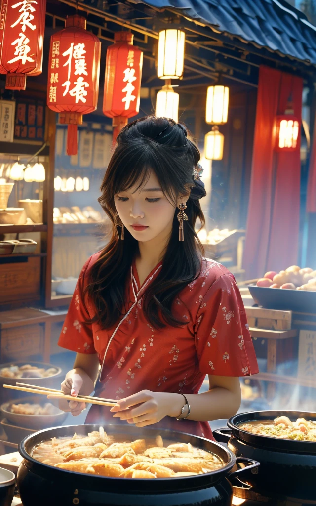 (Wide-angle lens, Wide-angle lens,panoramic:1.2),Super Vision, Super wide-angle low-angle shooting, 超Wide-angle lens, Dynamic Angle, view, High Point,POV Hot Pot
(dramatic, Perseverance, intense:1.4),masterpiece, best quality, 32k UHD, Crazy details, Intricate details, Ultra Detailed, Ultra-high quality, High Detail, Extremely detailed, masterpiece,
1 Girl, Focus only, Food stalls;Street vendors,Chopsticks,  blue, White, Black, Red, purple, orange, pink, Green Tension Shot(visual impact,使海报具有动感和visual impact力:1.2),Chinese Zen style,impactful picture,
