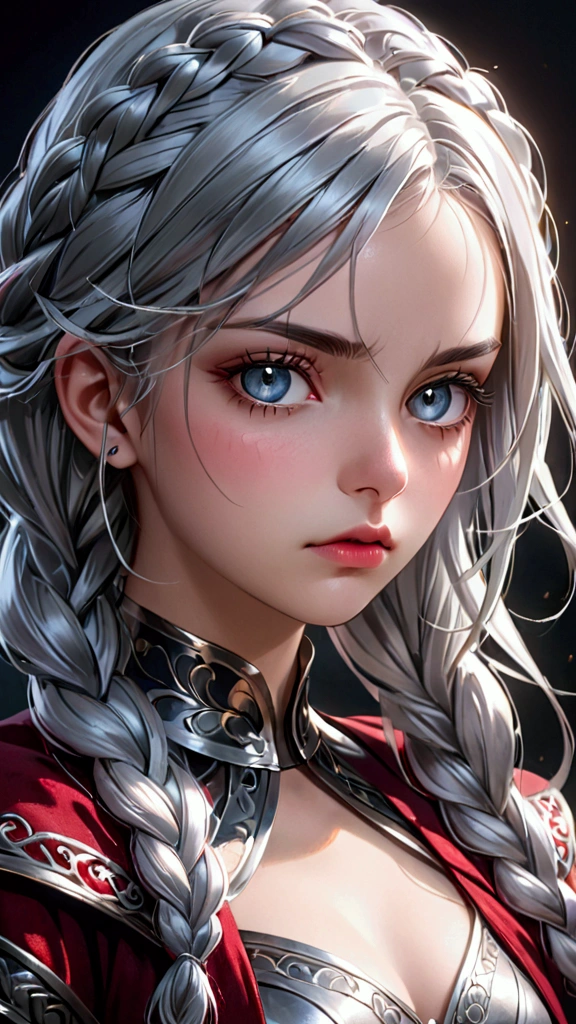 a 22 year old girl with silver braided hair, intimidating expression, dark fantasy, detailed face, beautiful detailed eyes, long eyelashes, beautiful detailed lips, high quality, intricate details, cinematic lighting, dramatic colors, photorealistic, fantasy art, digital painting, concept art, 8k, hyperrealistic, hyper detailed