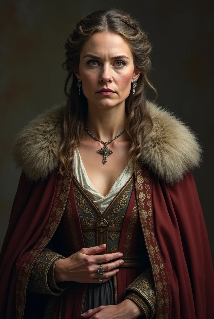 catelyn stark from game of thrones, large cleavage, dressed in cloak, older woman