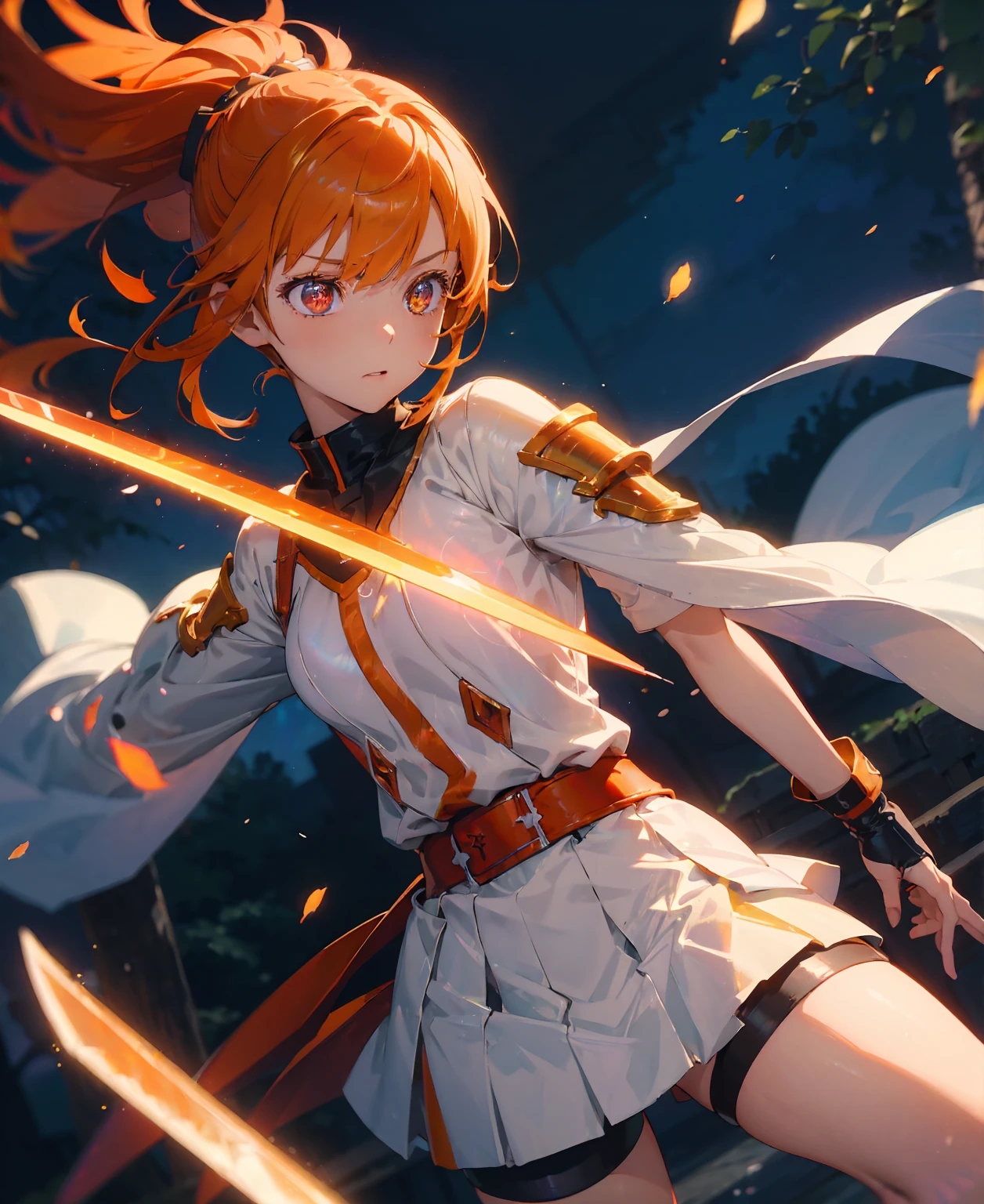 asunayuuki, Orange Hair， With two shining swords, White combat uniform, Sword Art Onlineの翻案, A red stroke simulating the character&#39;s speed, BATTLE MODE, (Surreal), {Highly detailed CG unit wallpaper 8k}, Vast landscape photography, (A central vision that prioritizes the whole character, (Viewer-facing view), (Low angle shot), (stand out: 1.5), (Low light: 1.0), (Warm light source: 1.0), Intricate details, (Iridescent colors: 1.5), (Bright lighting), (Atmospheric lighting), Sword Art Online, dream-like, anime