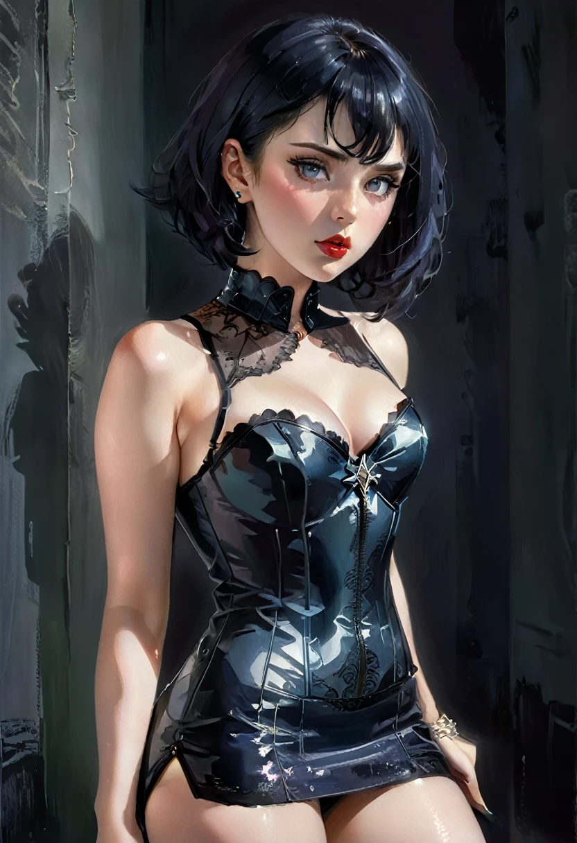 A woman (hyuuga hinata) with Roxo hair and Luminous eyes(Empty eyes) looks at the camera,
ruanyi0801,revealing clothes,jewelry,chainmail,sleeveless,tight skirt
Beautiful picture of the character, character portrait, character portrait, 🤤 hinata huyga character art, epic portrait illustration,
oil and watercolor painting, dark, chiaroscuro, MythAn1m3(UHigh resolution, retina, masterpiece, Accurate, Anatomically correct, Textured skin, Very detailed, Attention to detail, high quality, 最high quality, High resolution, 1080p, High resolution, 4K, 8k, 16k), (Beautiful details, Beautiful lip detail, Very detailedな目と顔),(masterpiece:1.2, 最high quality), (Realistic, photoRealistic:1.4), Beautiful illustrations, (Natural Side Lighting, Cinema Lighting), Looking at the audience, Upper Body, (Front view), 1 girl, Perfect Face, Symmetrical cute face, Shiny skin, Baby Face, Long eyelashes, (Mid-chest), (Wide Hips:1.2),Shortcuts,Beautiful Hair, Beautiful Face, Beautiful and beautiful eyes, Beautiful body, Beautiful breasts, Beautiful thighs, Beautiful feet, Beautiful fingers,
(Beautiful views),,Pale skin,Woman in black corset and goth hair, With earrings, One Girl, alone, Black Hair, short hair, ring,(pierce:1.5),(Punk Style:1.5),(Gothic Dress),(Black Lips:1.7),