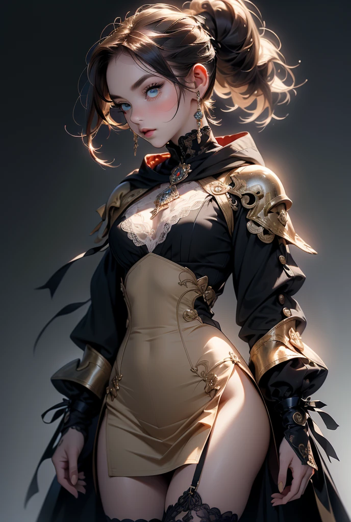 (((masterpiece, of the highest quality, super detailed))), (a witch belonging to an occult order of knights), (a knight crossed with a witch), Victorian era inspired, ((minimal but intricate beautiful armour)), (Fluttering lace flared dress with frilly petticoats), ((Bloodbourne inspired)), (big forhead:1.2), (((dark hair, ponytail, thick ponytail, heavy ponytail))), (((Very sharp focused eyes))), (small breasts), very long eyelashes, occult aesthetic, (red and white clothing detailed and intricate steampunk and detailed gothic), (with a hood), complex lace boots,