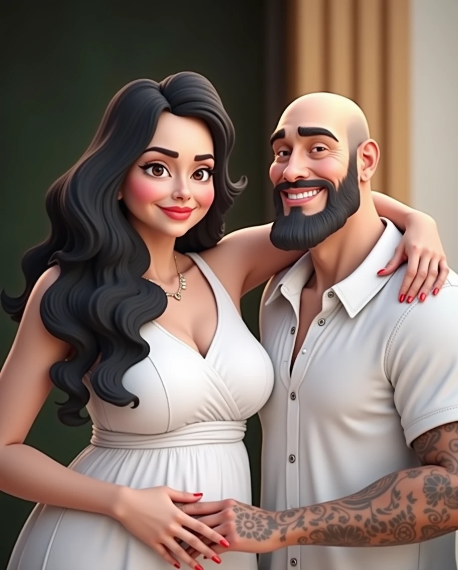 Cartoon character of a bald man with black beard and white shirt and his black haired wife in white dress animation character, stylized character, animation style rendering, 3d stylized, Arnold Maya rendering, Stylized 3D rendering, toon render screenshot, 3d character, 3d character, Stylized 3D rendering, 3D character rendering, cartoon character, Personagem de close up, character posing, (Pixar-style) (master part:1.2) (bokeh) (best qualityer) (skin detailed) (detailed texture) (8k) (Argilla) (cinematic lighting) (sharp focus