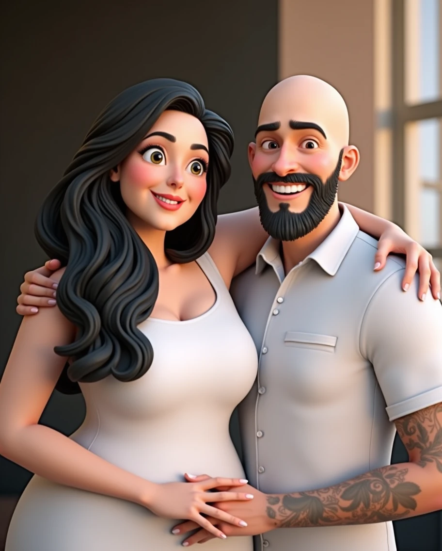 Cartoon character of a bald man with black beard and white shirt and his black haired wife in white dress animation character, stylized character, animation style rendering, 3d stylized, Arnold Maya rendering, Stylized 3D rendering, toon render screenshot, 3d character, 3d character, Stylized 3D rendering, 3D character rendering, cartoon character, Personagem de close up, character posing, (Pixar-style) (master part:1.2) (bokeh) (best qualityer) (skin detailed) (detailed texture) (8k) (Argilla) (cinematic lighting) (sharp focus
