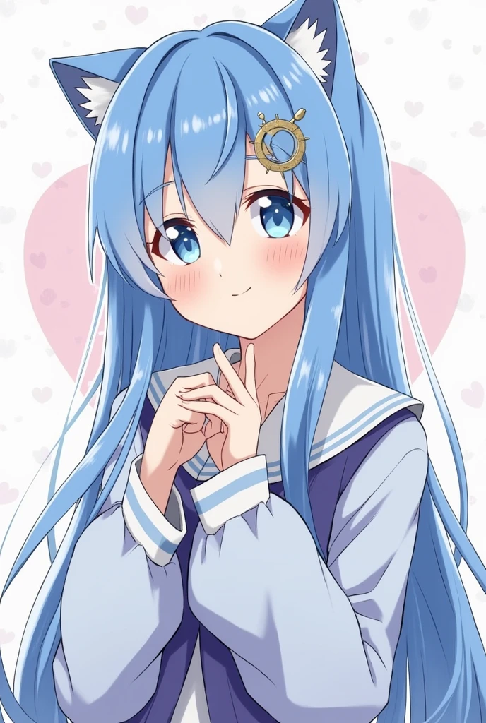  One girl, blue eyes, Long Hair, Blue Hair, Long sleeve, bangs, Cat ear, hair ornaments, Sleeves are longer than the wrist, blush, Staring at the audience, Hair between the eyes,beautiful girl, Heart symbol on background,Slave Girl,smile,,