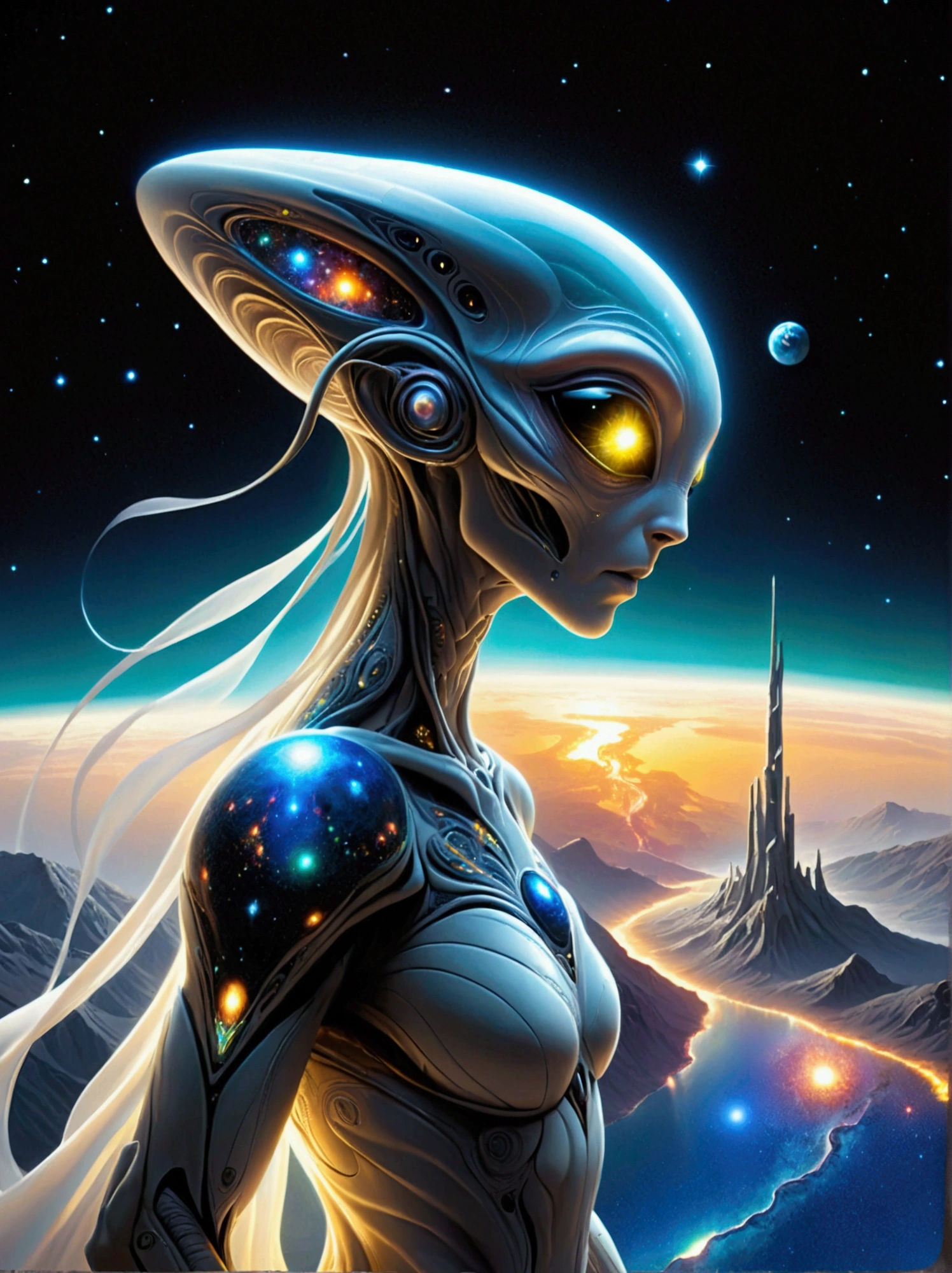 An extraterrestrial being from a distant galaxy, displaying impressive supernatural abilities, is silently observing human activities. This entity, shrouded in an aura of mystery and power, emanates glowing energy and distinctly non-human features. Its keen eyes are scanning the globe, absorbing the intricacies of human culture and life. The scene is set against the vast backdrop of the cosmos, with the Earth illuminated in all its beauty and diversity. This alien, unlike any earthly life form, symbolizes a paradox of being an outsider yet so deeply engrossed in human life.