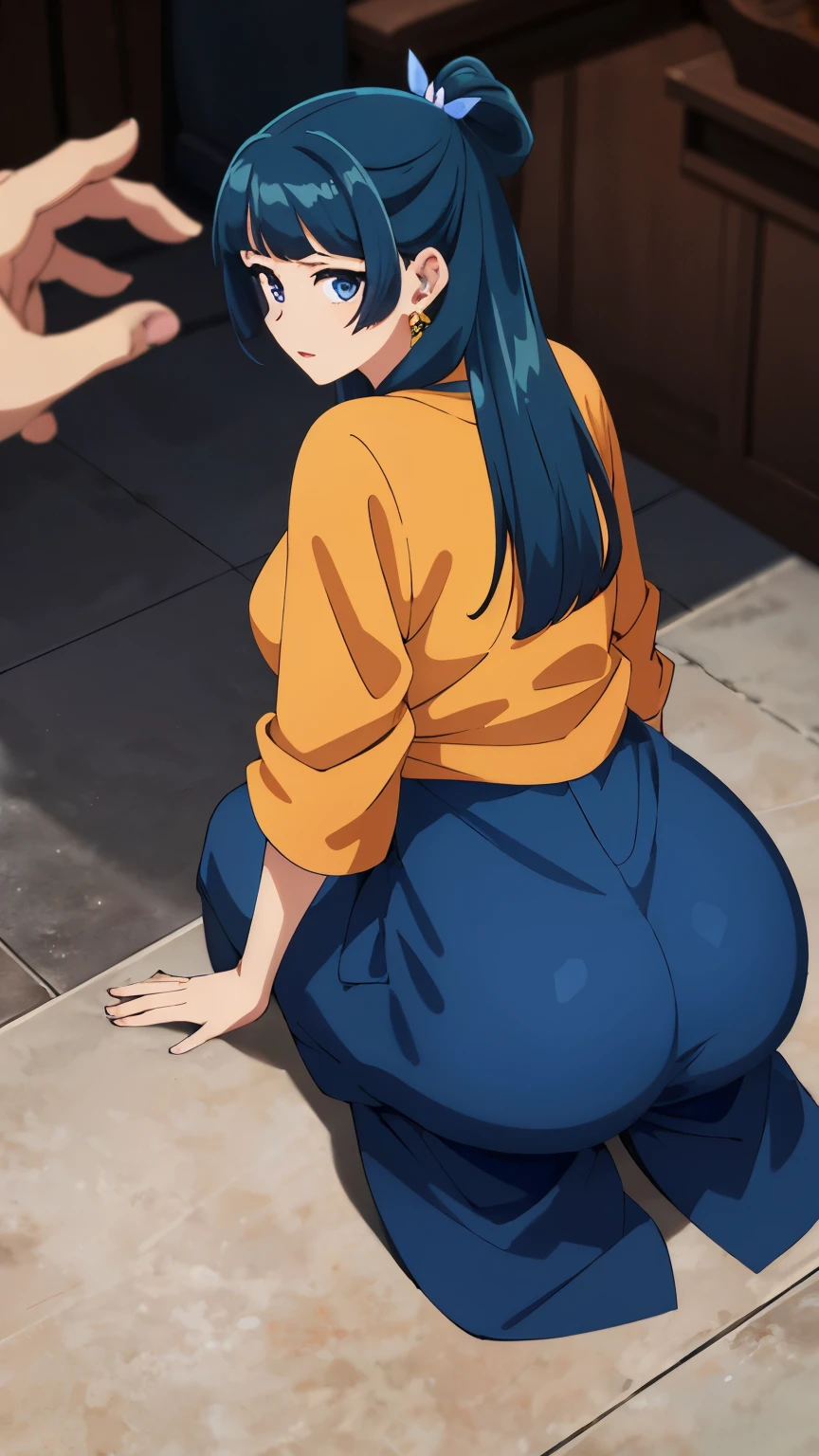 Top quality (8k, high resolution, masterpiece: 1.2), ((Goddess of beauty)), Full body hakama, super detailed, anime art style, pants sticking on tight ass, dynamic angle, photo from behind, teen style, (full body Hakama), Perfect ass, sitting,  detailed hair, detailed blue eyes, intricate hairstyle, long hair , slim body, sparkling eyes, youthful, hair accessories, earrings, detailed lighting, bright colors, looking at the viewer, in the center of the image, cowboy shot, ((FOCUS ON ASS))