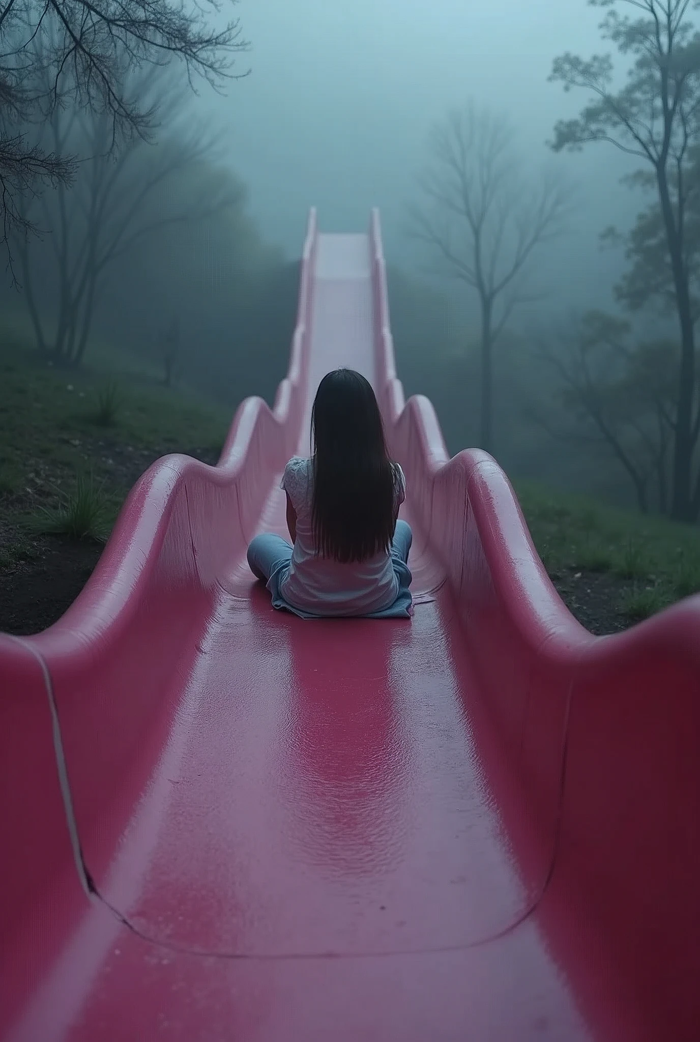 Make the weather dark a 18 girl is sitting on a slide which is long of pink colour. who from Europe she is sad and a devil is punching her from back and and at the end of slide make a lava Girl is sitting in the start. Show me from right side
