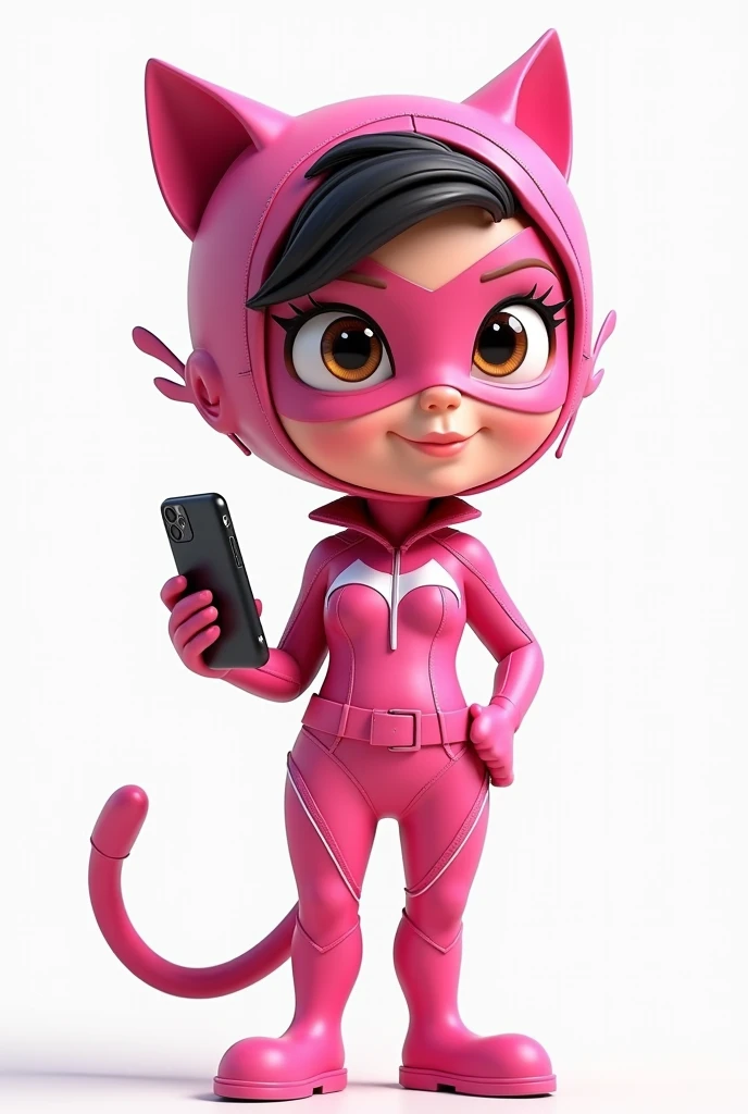 create a 3D disney pixar female character, dressed as catwoman, pink costume, charming brown eyes, holding a card credit ,white background