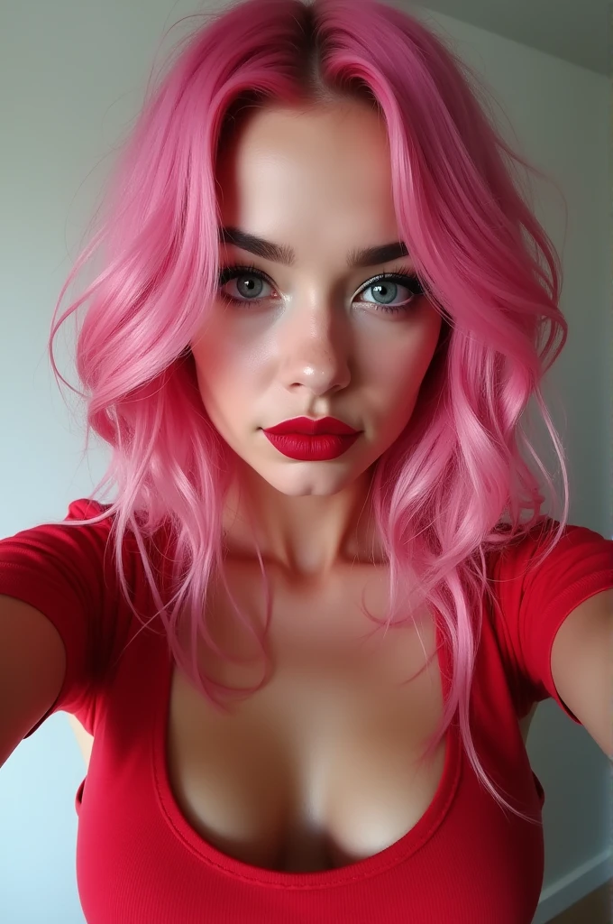 pink Hair,Red Lip, Tight T-shirt, Selfie