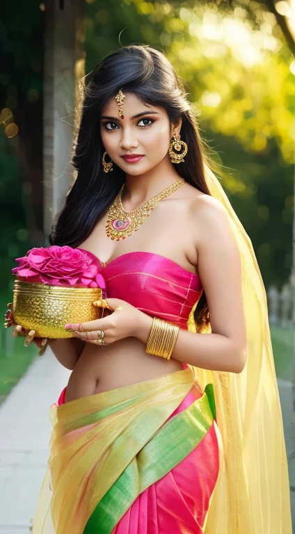 wear designer printed Saree and strapless bra, a bindi on the center of the forehead, green saree and green blouse, full body covered in clothes, Indian temples in background, flower basket, very well dressed, going to temple for prayers, golden heavy jewellery, very beautiful 25 year old indian girl, full body photo, mehendi in hands, random hair style, holding Puja plate with Puja items for lord Shiva, lord Shiva temple in background, jewelry, gem, necklace, necklace set, tika, vermilion, nathiya, ear rings, mangalsutra, golden haar, gold bracelet, anklets, thick lips, holding flower basket for Puja in hand, skindentation, parted lips, full body photo from front, beautiful face, beautiful body, (detailed eyes), ulzzang-6500-v1.1, thick eyelashes, long eyelashes, random hair style, broad light, backlighting, bloom, light sparkles, chromatic aberration, sharp focus, Nikon Z 85mm, unparalleled masterpiece, ultra-realistic 8k photos, best quality masterpiece, best quality,