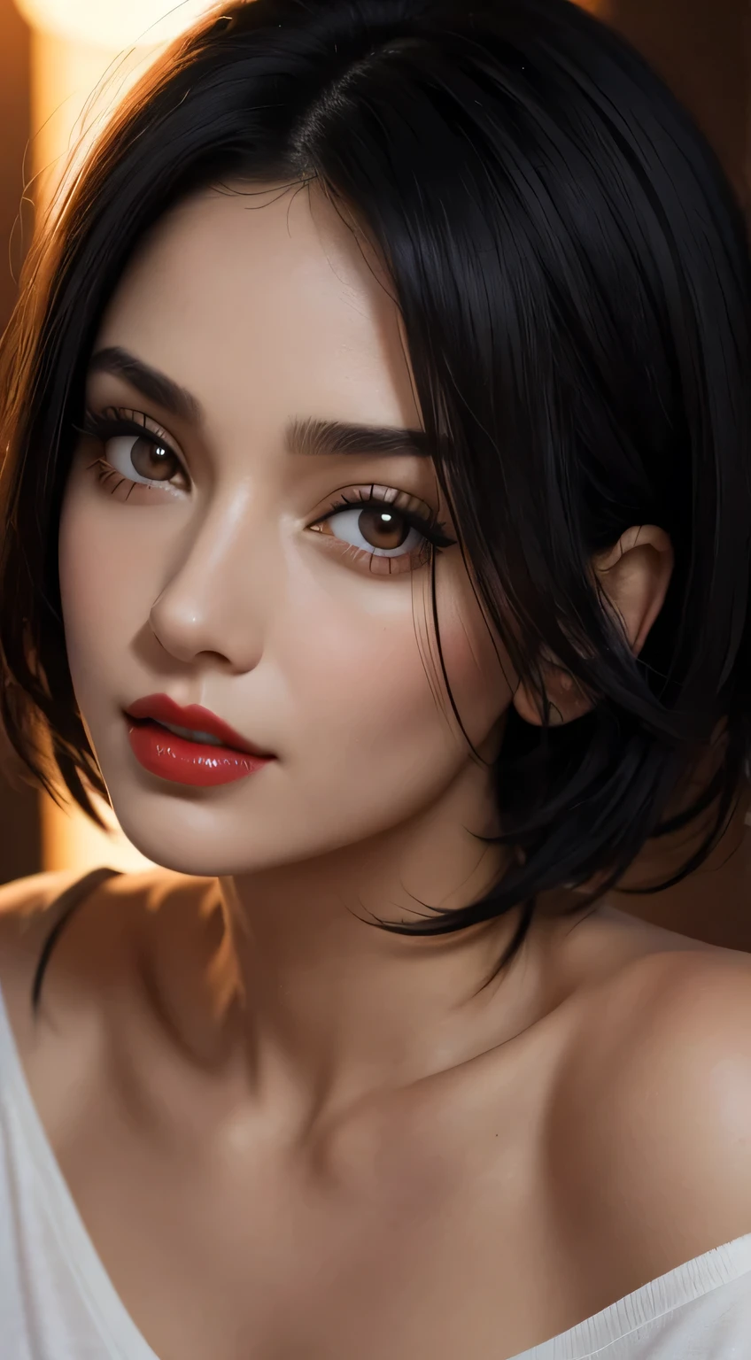 Amazing portrait of a woman who is 30 years old and an adult and a sexy woman with short black hair wearing an oversized off shoulder orange t shirt during night time with soft lighting showcasing her red lips and her beautiful face in detail and close up
