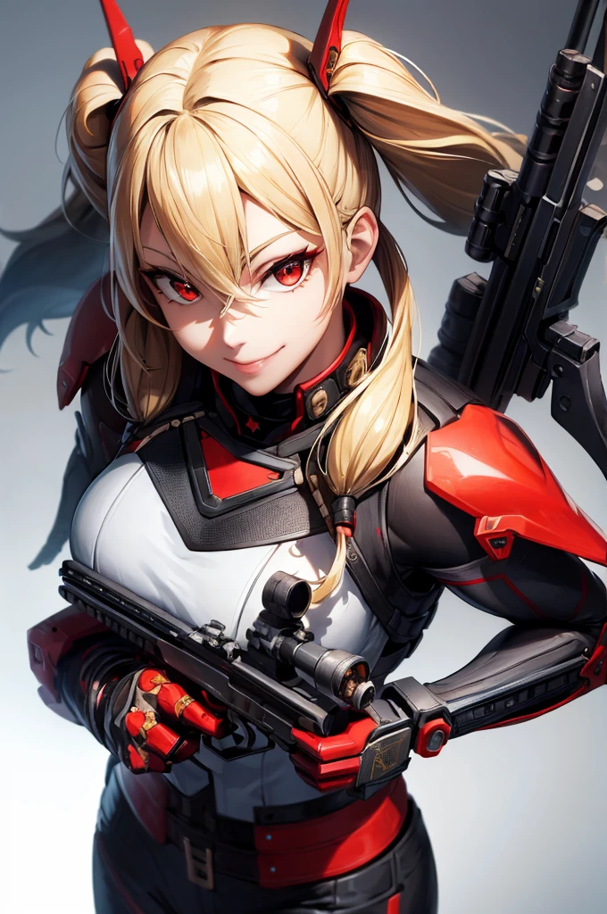 ((Highest quality)), ((masterpiece)), (detailed),Perfect Face,blonde,Red eyes,Fair skin,Armament,Gunfight,army,From above,Wicked Smile、Twin tails、Hold a sniper rifle、Zenshin