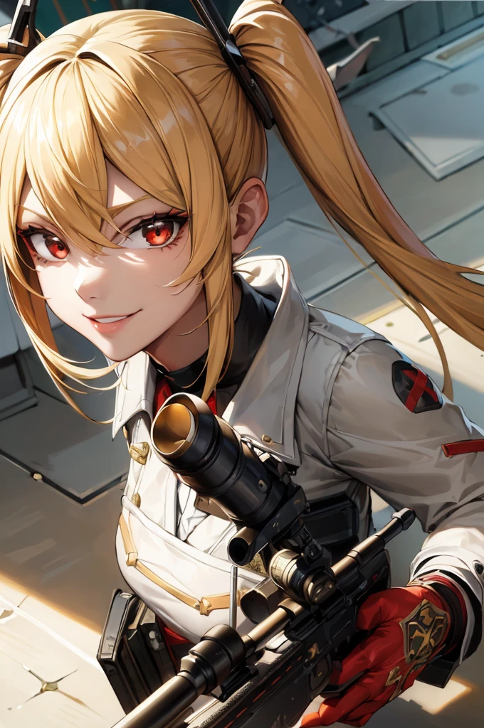 ((Highest quality)), ((masterpiece)), (detailed),Perfect Face,blonde,Red eyes,Fair skin,Armament,Gunfight,army,From above,Wicked Smile、Twin tails、Hold a sniper rifle、Zenshin