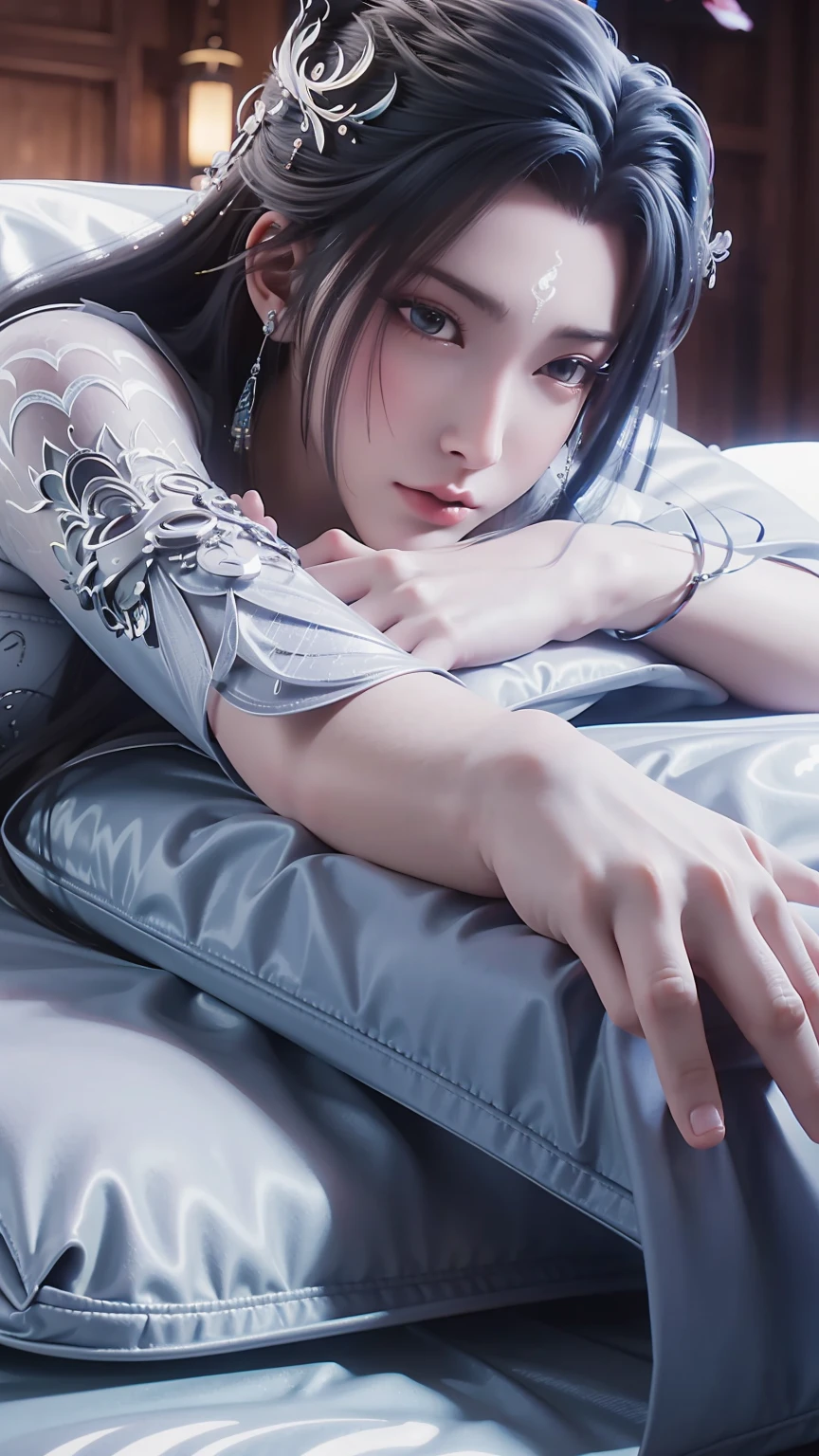一个女孩Lying in bed,Dressed in suspender pajamas,Face up,Raise your legs slightly,Front view super detailed beautiful big breasted girl 16 years old. Ultra HD, 4K, 8K, Movie,whole body,Lying down,Long legs,Very big breasts,whole body捕捉,(((Lying in bed))),(((whole bodyLying in bed))),big bed,Off-shoulder,Shoulder-length skirt,Lying in bed,Sleeping on the pillow,Lying down,Headrest pillows,(((平Lying in bed))),whole body平Lying in bed