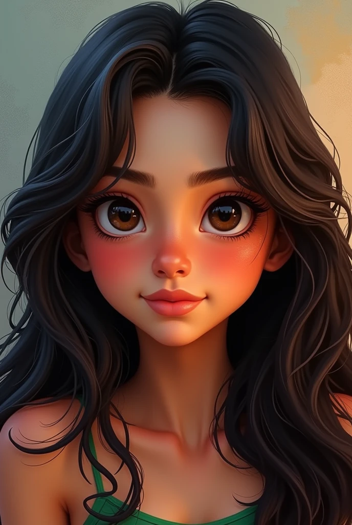 a brunette Brazilian teenager with long, dark, wavy hair and large, dark, cartoon-shaped eyes