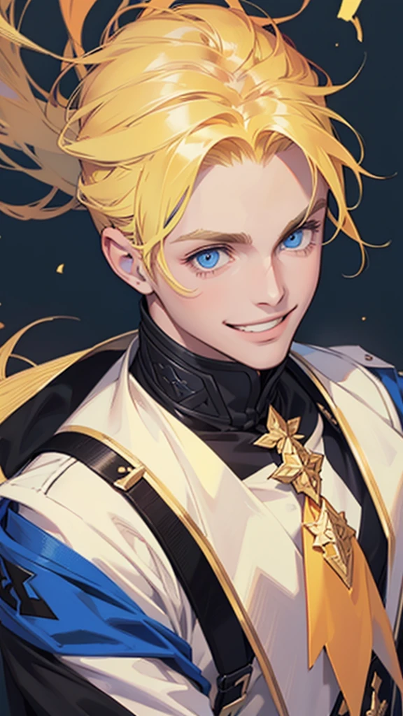 One boy, blonde hair, Blue eyes, Gloating Smile