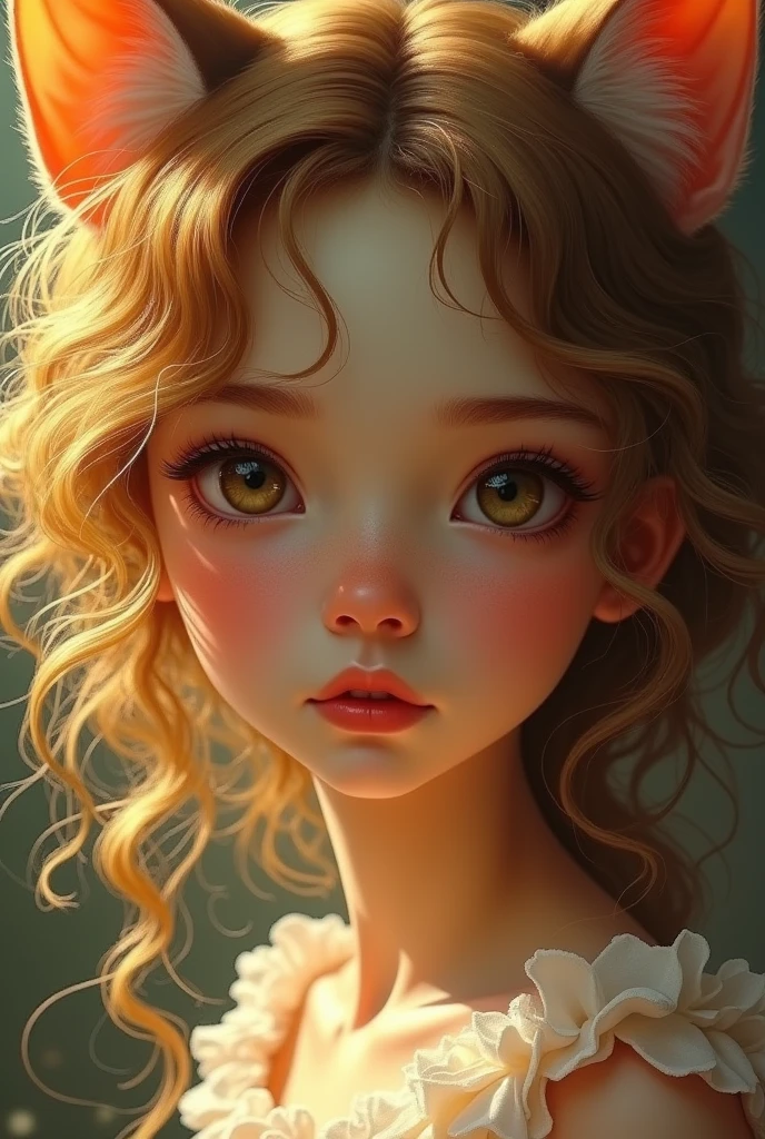 An image of a girl with golden tan skin, big slanted cat eyes, nose like that if a cat but human version, and shirt curly fluffy hair