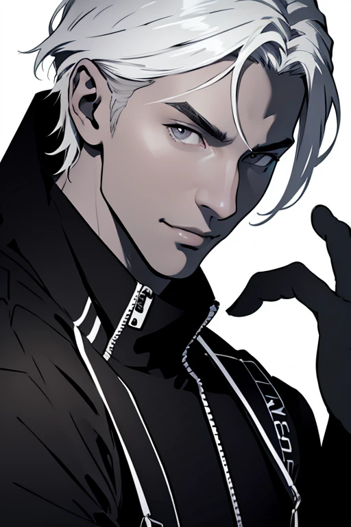 Monochrome、White Background、Black jumpsuit、White skin、Grey-haired man、Looking into the camera、