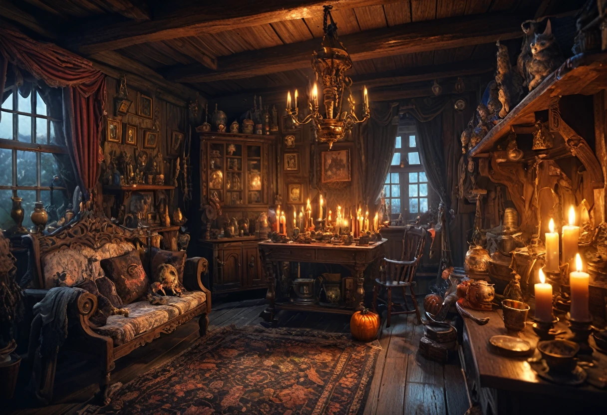 8k, 超High resolution, High resolution, Cinematic, Cinematic image, Intricate details, Realistic, photograph,

Fantasy art style, mystery的, Inside the house、indoor,Candle、lamp、Witch&#39;s House、antique、 mystery的, Fantasy elements, Exquisite and unparalleled visual effects, Tranquility, mystery, magic, masterpiece: 1.2, Super Details, realism: 1.37, High resolution, 超High resolution, Studio Lighting, Realistic, scenery, Soft lighting、Background、Lake Vivid Style, Flowing and intermingling colors. Airbrush painting.

