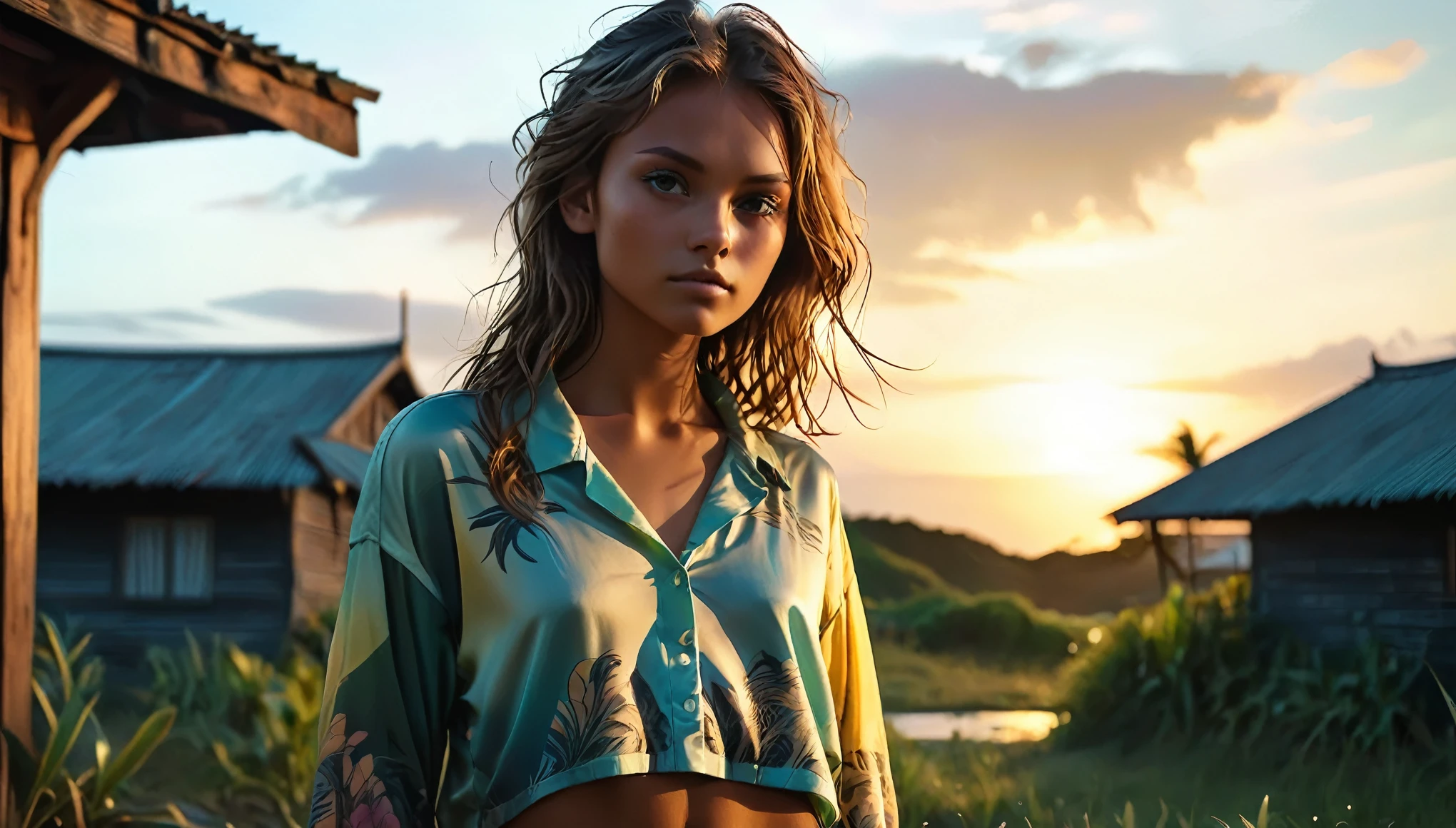 (best quality:1) , (masterpiece:1), (ultra detailed:1), photorealism, (cute sporty girl, young, barely legal, tanned skin), ((oversized loose very thin silky crop shirt with plunging neckline and boxers, short, wide neckline, deep neckline, random colors)), (cozy cabana, outdoor, tropical ressort after a sunbath, wet), ((medium perky breasts, small hips, detailed face, long natural welled hair, some tattoos)), moody atmosphere, intricate details, at night, random pose, backlit, full body shot