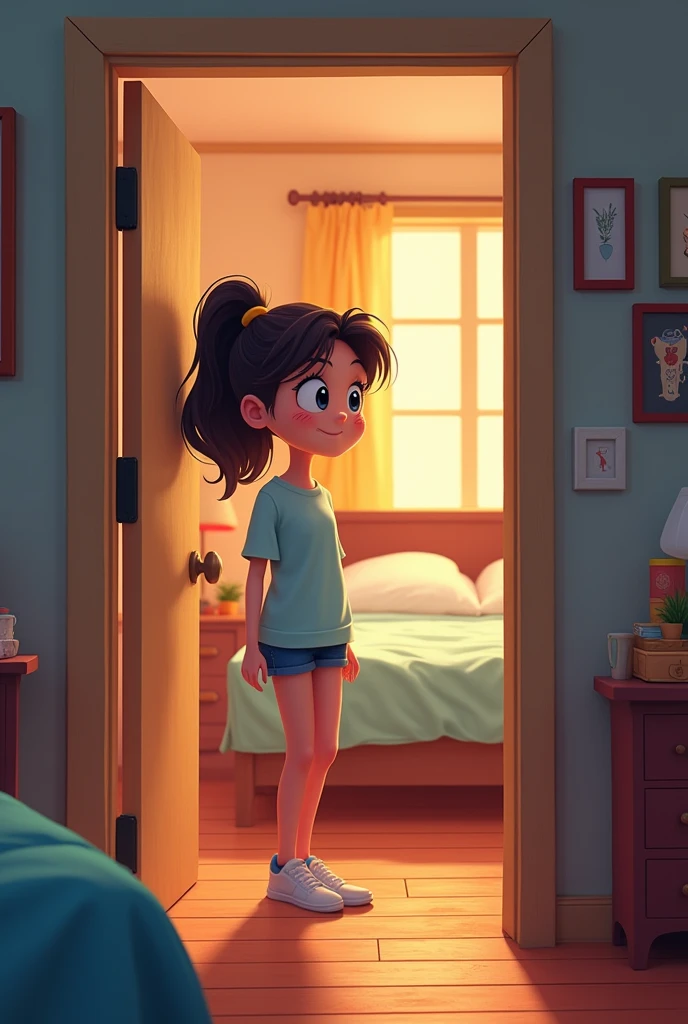 Entering Her Room**
- **Visual Description**: Sara a cartoon teen stands at the door of her childhood room, looking nostalgic. The focus is on her expression as she gazes at her bed, which looks inviting. Make it appealing for a mattress ad 