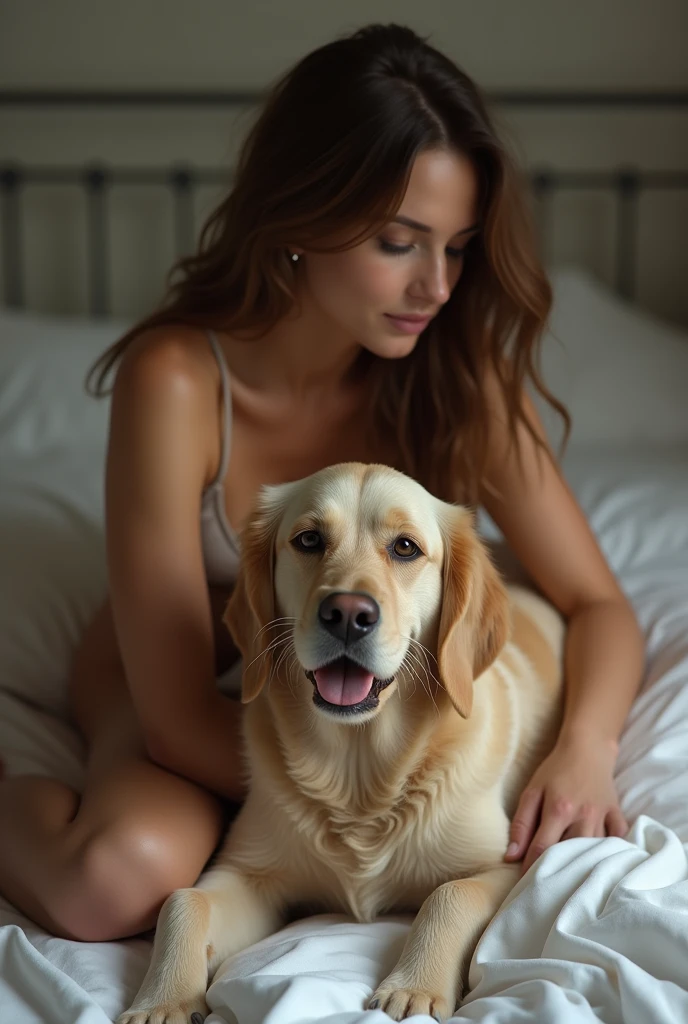 (photorealism:1.2), beautiful woman, sitting on bed, she is nude and sex with a dog