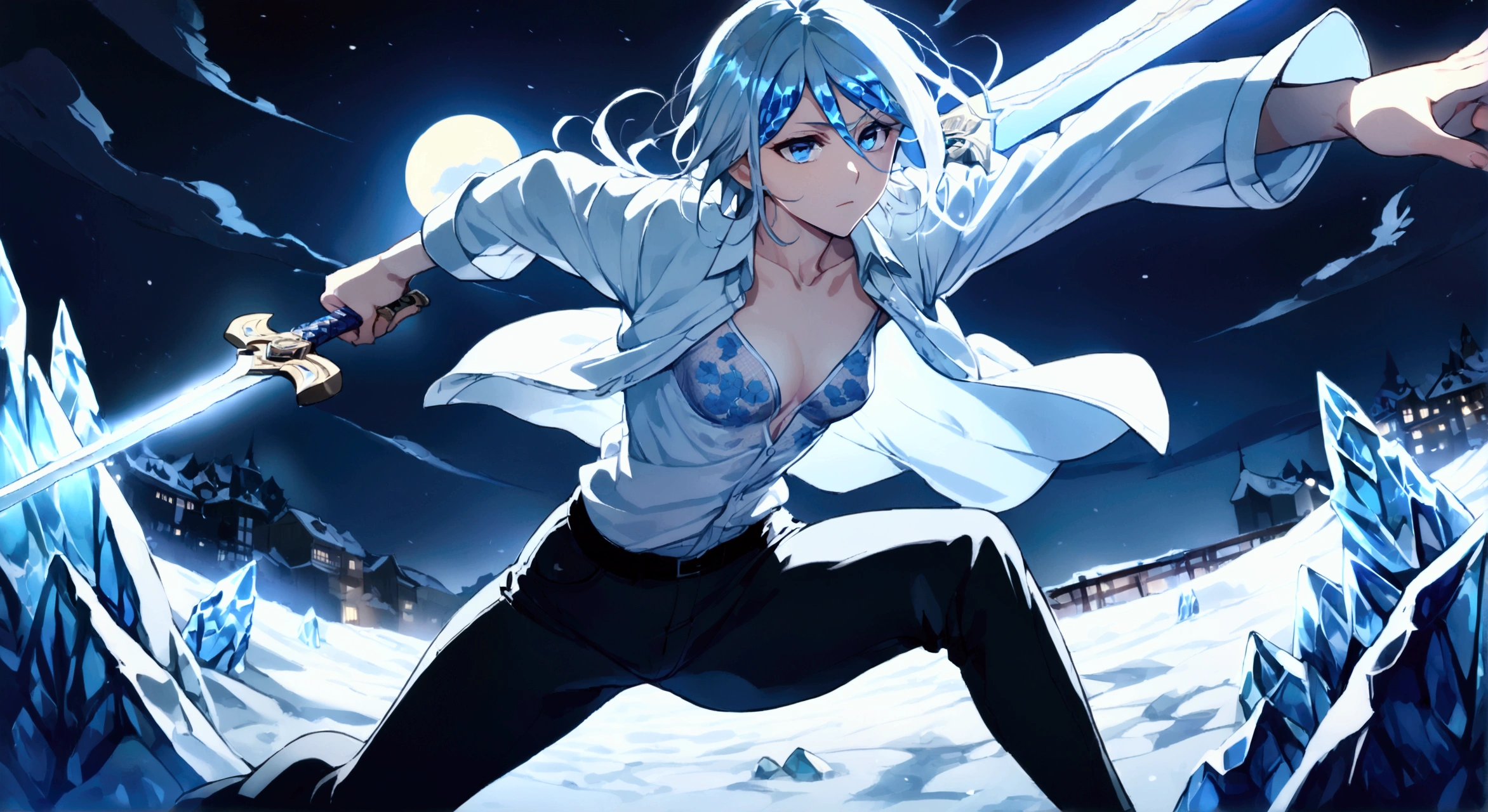 ((Highest quality)),((Very detailed)),(((Sword in both hands))),((Pale-white shining sword,Two-Way)), ((Open shirt)),((Night Town)), ((Blue mesh on hair)),masterpiece, Detailed face,Beautiful Face, Angle from below, (Fighting), ((ice,snow)),(Long-legged white shirt,Flower pattern on shirt),((One girl)),((Blue Eyes,Dynamic pose)) , Rukia, Gray Hair, short hair, Hair between the eyes, Purple eyes, Small breasts,cold,I can see your pants,Shining Moon