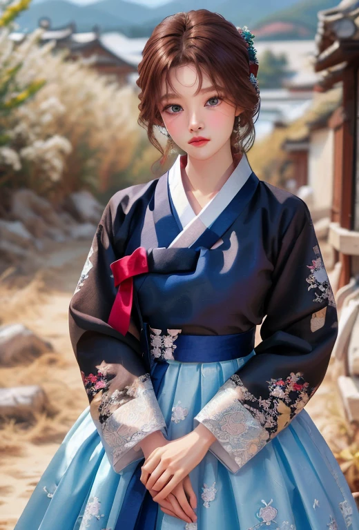 (finely detailed beautiful eyes and detailed face, masterpiece sidelighting, masterpiece, best quality, detailed, High resolution 8k stock photos),, (1 woman, whole body, pretty girl, glowing skin, looking down, looking at viewer),, (Brown hair, blue eyes), (red korean clothes_Very detailed and delicate description, Summer Hanbok), (dressed up_Underbust:1.2),