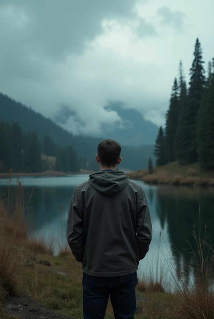 Man&#39;s back ，Depression，In the forest，There is a lake in a distant place，heavily clouded，Textured clouds